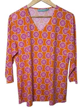 Anthony's Resort Wear Top Blouse Women XL Orange Pink 3/4 Sleeve Geo Stretch UPF